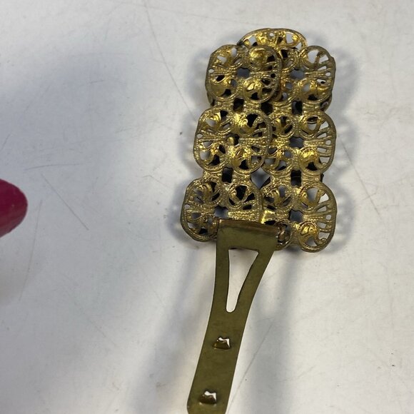 Antique Art Nouveau Fur Clip Dress Pin Filigree Goldtone Floral Rhinestone - Picture 10 of 13